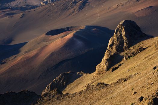 Aerial of dormant volcano with crater in Haleakala National Park, Maui, Hawaii.