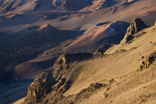 Aerial of dormant volcano in Haleakala National Park, Maui, Hawaii.