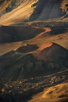 Aerial of dormant volcano in Haleakala National Park, Maui, Hawaii.