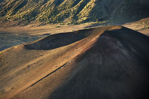 Aerial of dormant volcano in Haleakala National Park, Maui, Hawaii.