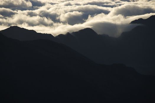 Aerial of mountain range in Haleakala National Park, Maui, Hawaii.