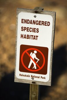 Endangered species habitat sign in Haleakala National Park in Maui, Hawaii.