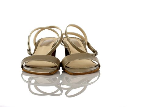 Beautiful feminine sandals on white with reflection