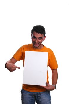 young man pointing to white board