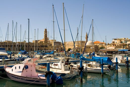 Marina in ancient port  fort Akko . Israel