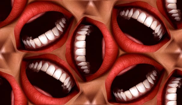A seamless tile pattern background made out of funny smiling mouths.