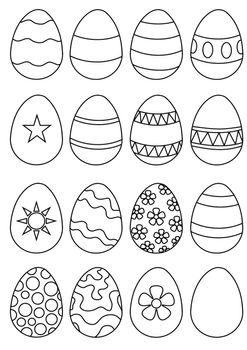 16 eggs ready to colour, 15 have decorations and one is plain
