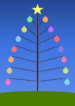 Illustration of a Christmas tree with coloured baubles
