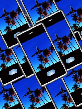 A set of posh mobile phones with a image of a tropical scene.
