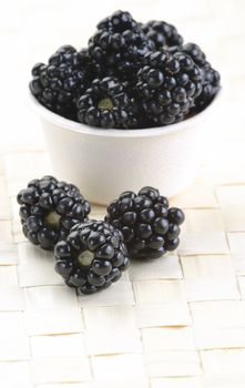 Fresh picked organic blackberries in a recyclable bowl.