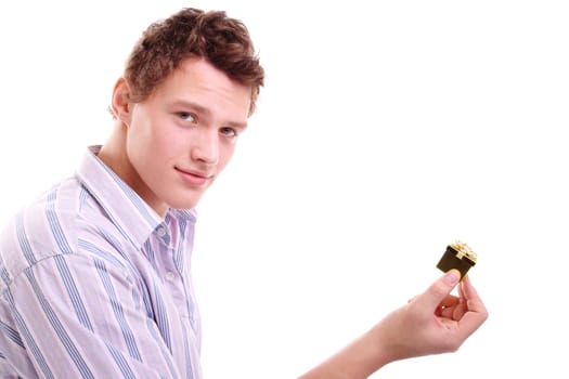 Young man with small gift