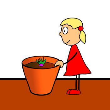 Hand cartoon drawing - adorable little girl cultivating flower