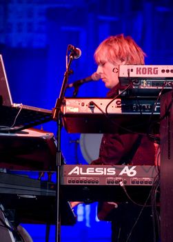 Duran Duran keyboardist Nick Rhodes live on stage in Malta on 26th July 2008 during Red Carpet Massacre Tour