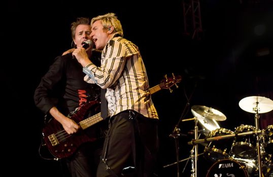 Duran Duran frontman and vocalist Simon Le Bon and John Taylor live on stage in Malta on 26th July 2008 during Red Carpet Massacre Tour