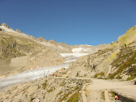 glacier valley with bright blue sky
