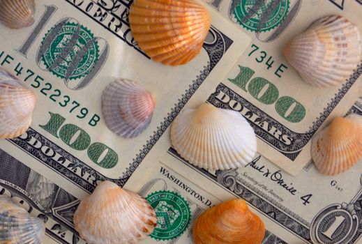 How mach is the summer travel? Close-up of 100 dollar bill and shells of different colors