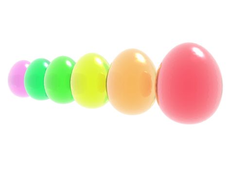 Brightly colored Easter eggs on a reflective surface.