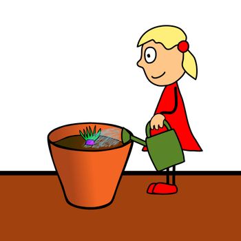 Hand cartoon drawing - adorable little girl cultivating flower