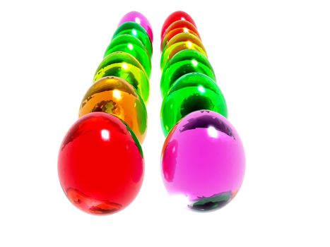 Brightly colored Easter eggs on a reflective surface.