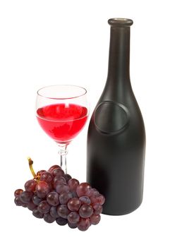 Bottle of wine, glass and grapes on a white background