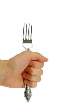 Man's hand holding a fork on a white background