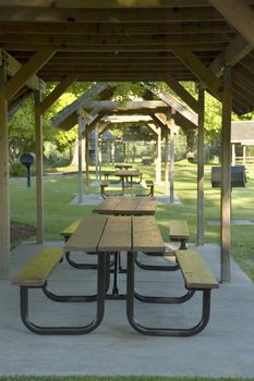 Three picnic shelters in a row in the Mud Mountain Dam Park in Enumclaw, Washington.