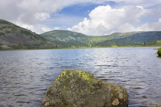 Kind on mountain lake. A stone with a lichen in the foreground.