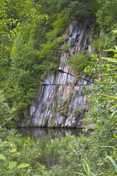 The beautiful stone seen through a green bush and foliage is reflected in water. Monumentally!