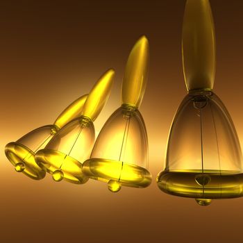 Computer generated glass bells in various states of ringing. 