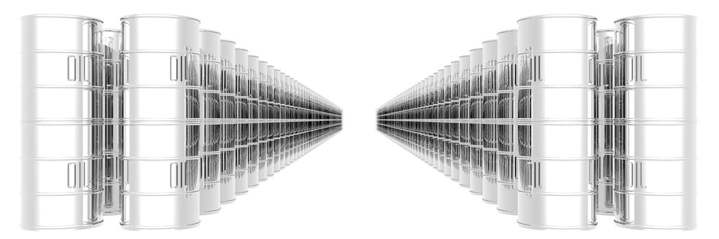 An illustration of rows of oil barrels.