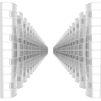 An illustration of rows of oil barrels.