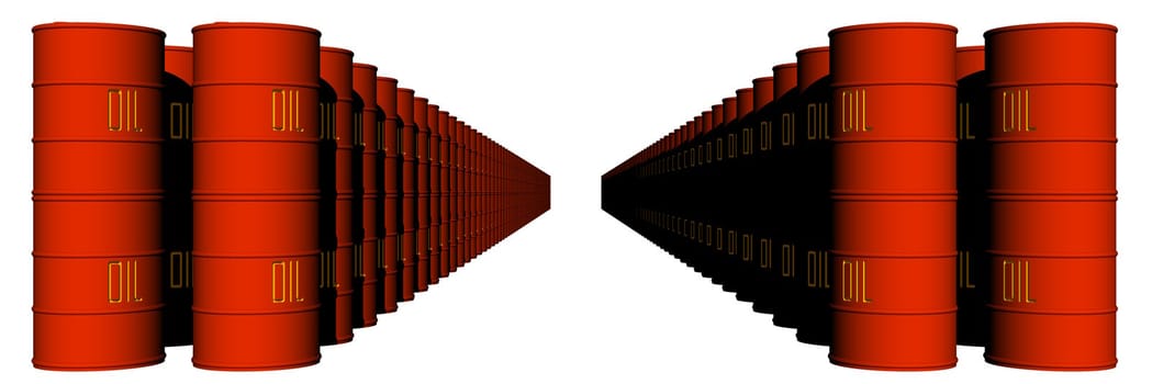 An illustration of rows of oil barrels.