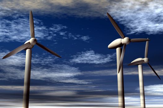 An illustration of wind power generators against a partly cloudy sky.
