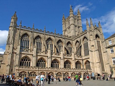 CITY OF BATH, ENGLAND � JULY 6: Tourists in the yard of the Bath Abbey, West England, July 6, 2009. The Bath Abbey is located near the famous Roman Bath Museum, a tourist attraction in this city.
