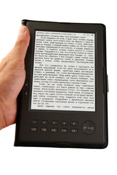 hands holding an electronic book with some text on it (isolated on white)