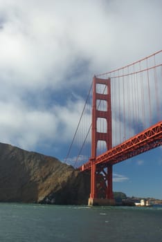 The Golden Gate bridge viewed from the middle of the bay entrance.