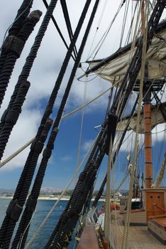 Sailing into Montery Bay, California via 18th century sailing ship