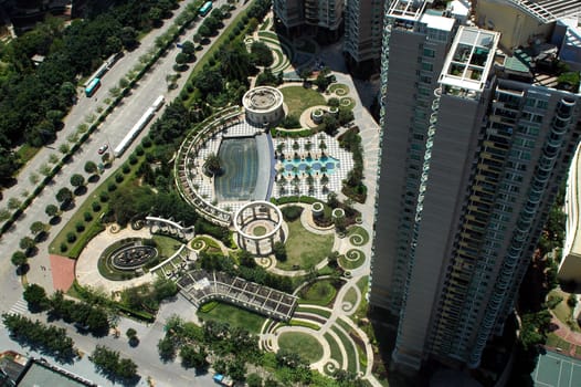 China, Guangdong province, Shenzhen city. New residential area with gardens and swimming pool.