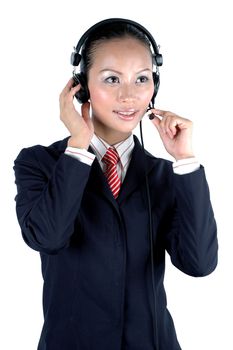 Charming Chinese girl, wearing suit, kind smile, working in callcenter.