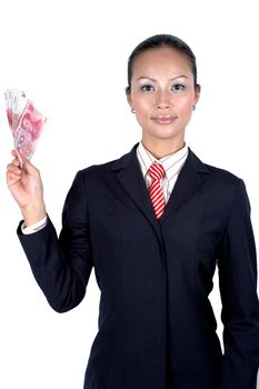 Chinese businesswoman wearing black suit, red tie, elegant looks, kind face expression, holding Chinese RMB banknotes.
