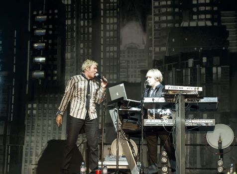 Duran Duran keyboardist Nick Rhodes performing the famous belch during the song The Reflex live on stage in Malta on 26th July 2008 during Red Carpet Massacre Tour