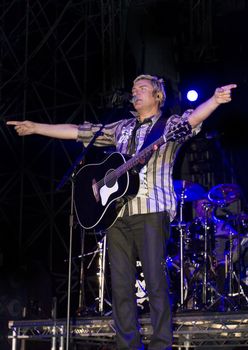 Duran Duran frontman and vocalist Simon Le Bon live on stage in Malta on 26th July 2008 during Red Carpet Massacre Tour