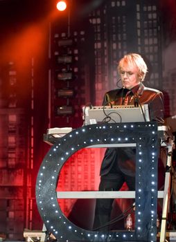 Duran Duran keyboardist Nick Rhodes live on stage in Malta on 26th July 2008 during Red Carpet Massacre Tour