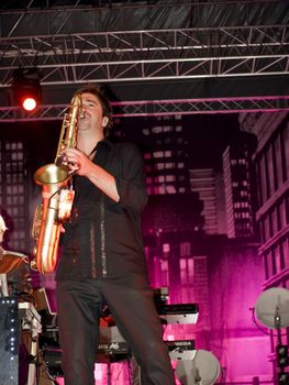 Duran Duran saxophonist Simon Willescroft live on stage in Malta on 26th July 2008 during Red Carpet Massacre Tour