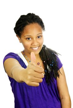 Isolated portrait of black teenage girl gesturing thumbs up