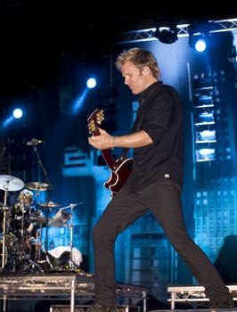 Duran Duran guitarist Dom Brown live on stage in Malta on 26th July 2008 during Red Carpet Massacre Tour