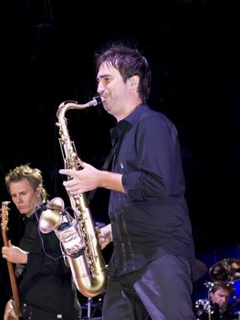 Duran Duran saxophonist Simon Willescroft live on stage in Malta on 26th July 2008 during Red Carpet Massacre Tour