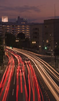 Long exposure image of a colorful late sunset in a big city.Location Sendai,Japan.Shot with Canon 70-200mm f/2.8L IS USM