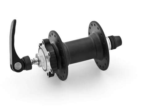 Image of a bicycle front disc hub isolated against a white background.Shot with Canon 70-200mm f/2.8L IS USM