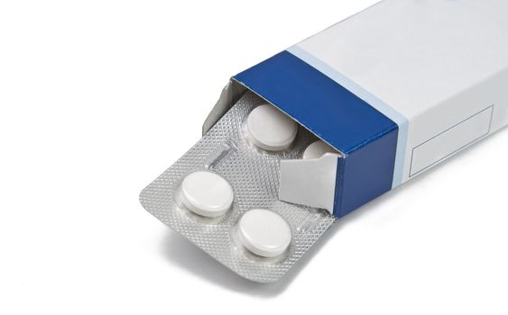 Image of a pill blister sliping out of a box shot against a white background with shadow. 